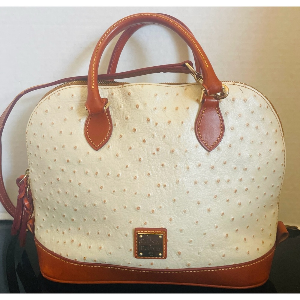 Dooney & Bourke Ostrich Bone Zip Satchel Bone with Orange Leather Trimmed.